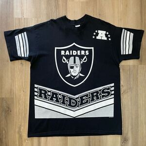 Vintage Oakland Raiders All Over Print T-Shirt Salem Sportswear Size XL Black